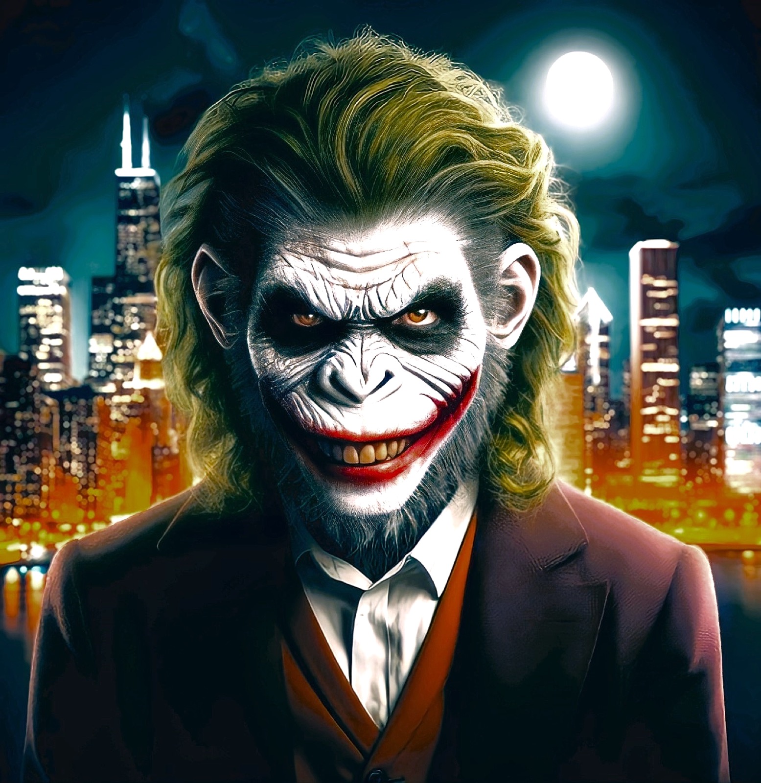 The AMC Ape Cage mascot — Joker Ape over the Chicago skyline